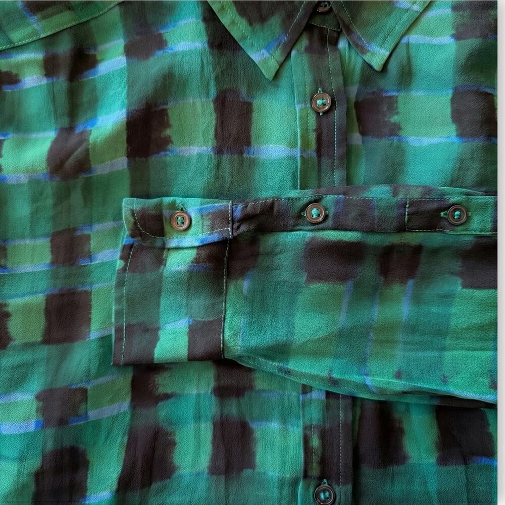 100% Silk Equipment Femme Sheer Green Blue Black Plaid Blouse | Size S - Picture 3 of 9